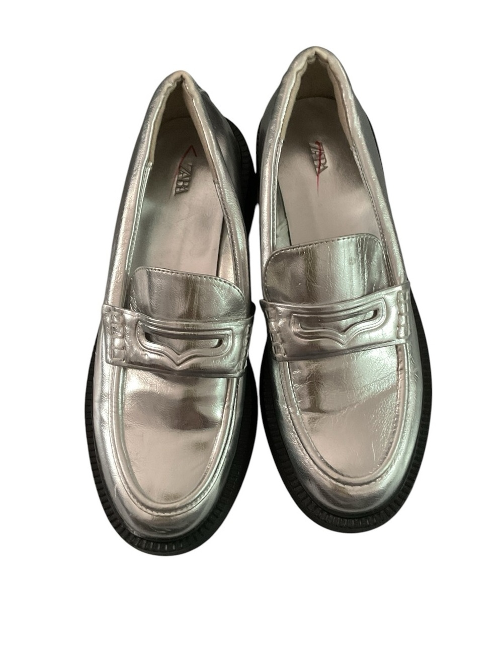 Zara Silver Metallic Penny Loafers with Black Sole 1.5” Heel